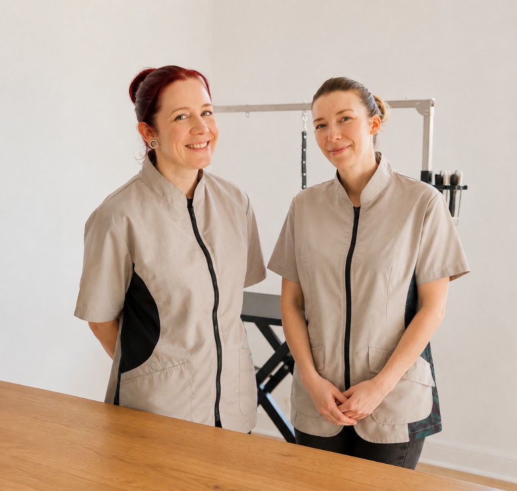Lorraine and Amy in Hound grooming uniforms at the salon, with a grooming table visible