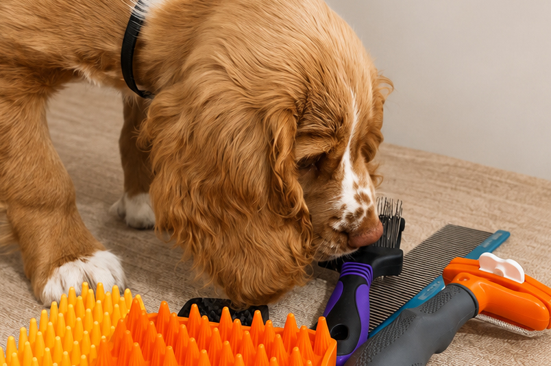 A puppy being introduced to grooming tools at Hound Pet Salon, Kimberley